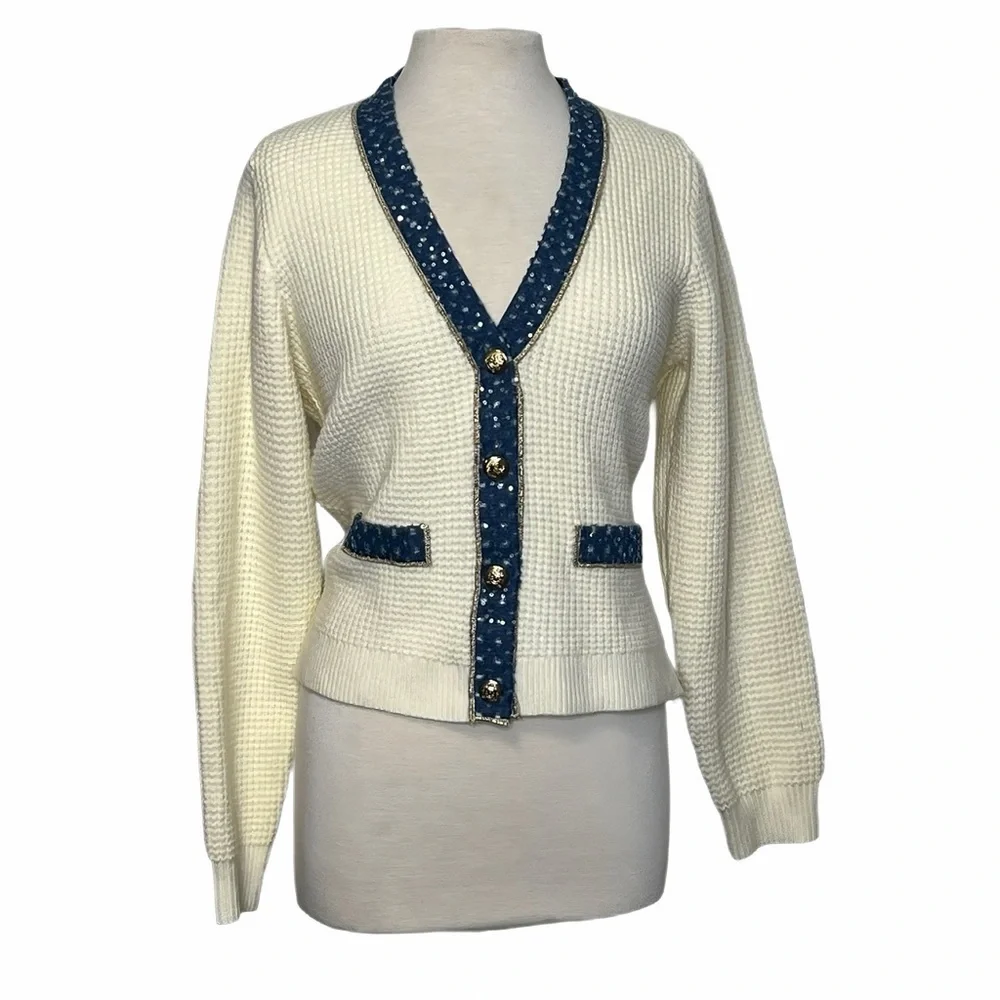 Nanette Lepore Waffle Knit Cardigan Medium Cream Tweed Denim Floral Trim Preppy